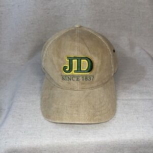 Vtg JD John Deere Tan Corduroy Hat Embroidered Logo Strapback Ball Cap Rare